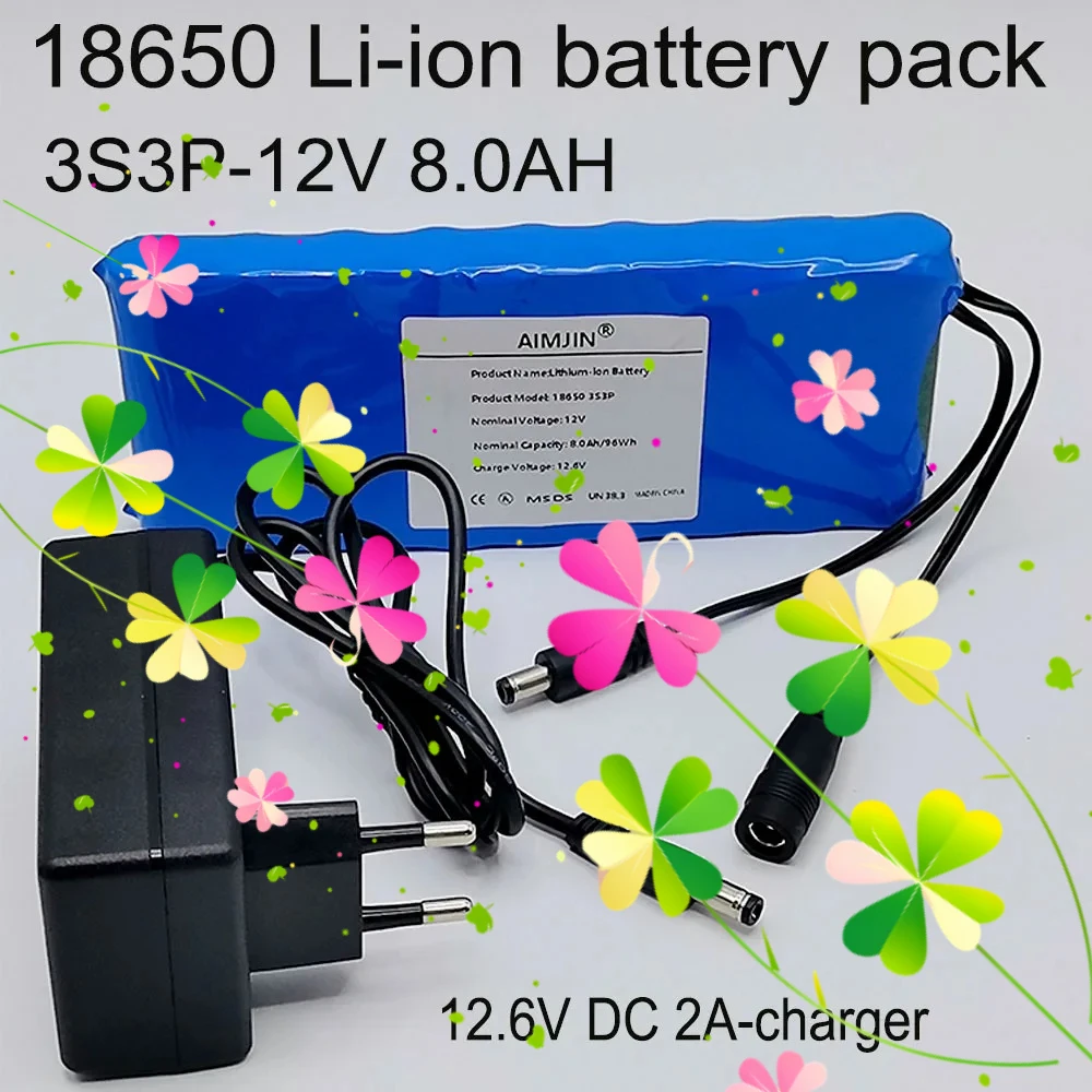 

12V 3s3p 8000mAh with BMS battery pack 18650 rechargeable lithium-ion battery 12V ultra large capacity+12.6V DC 2A charger