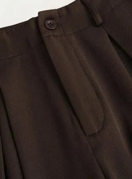 カジュアル無地ハイウエストプリーツデザインスリムでエレガントなワイドレッグパンツ秋プラスサイズ女性通勤ワイドレッグパンツ