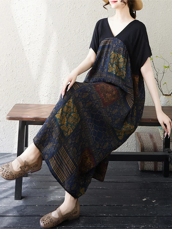 Vestido de Verão 2025 Solto Plus Size com Decote em V Estampado de Manga Curta que Disfarça a Barriga e Emaece, Vestido em ...