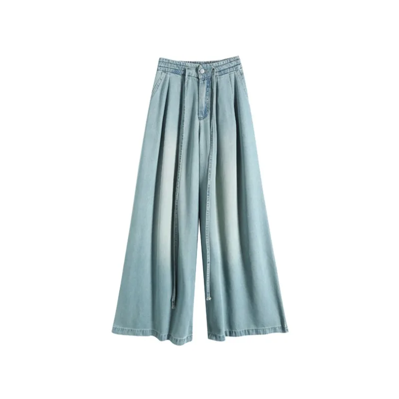 Summer 2026 Women's Light Lyocell Wide Leg Jeans Drawstring High Waist Draped Loose Fit Denim Pants for American Beach Style