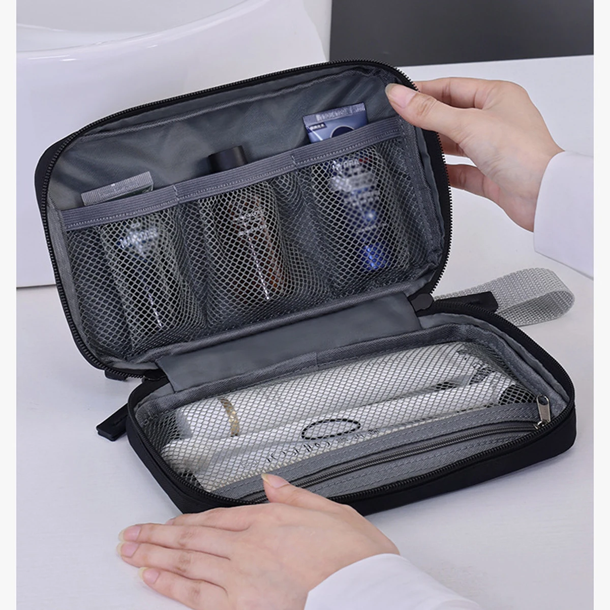 Tragbare Kulturtasche, multifunktionale Aufbewahrungstasche mit großem Fassungsvermögen, leichte Make-up-Tasche, Kosmetik-Organizer, Reiseutensilien – Detail 4