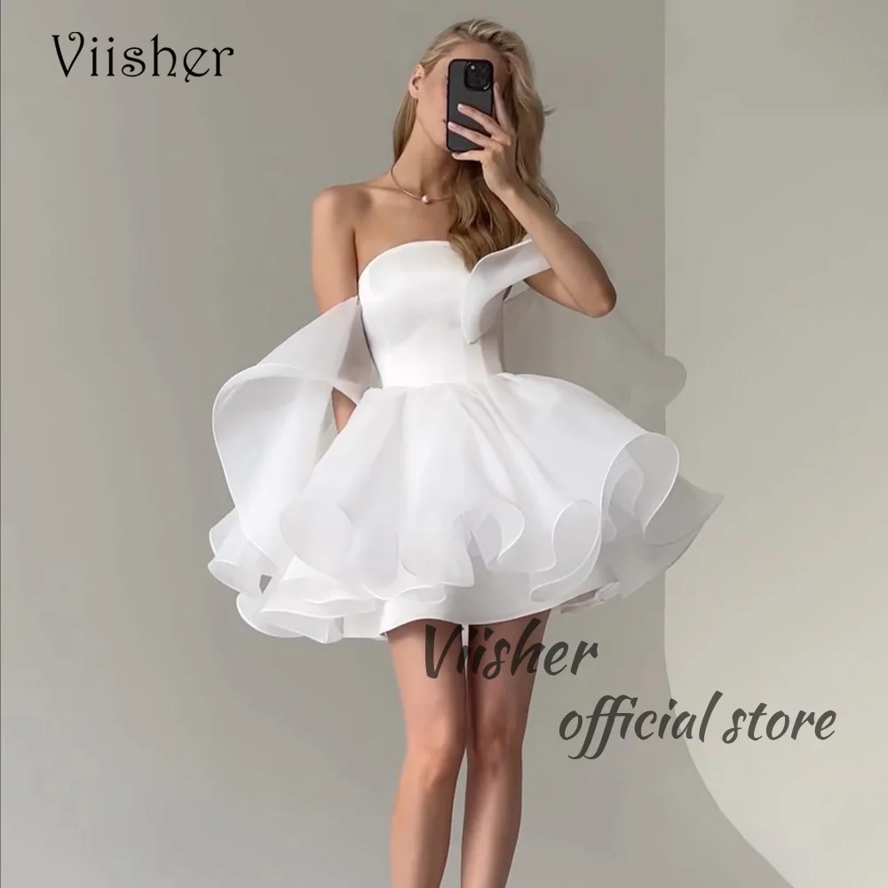 Visher weiß Organza kurze Brautkleider von der Schulter träger los eine Linie Mini Braut Kleid Ballkleider Frauen Abend Party Kleider