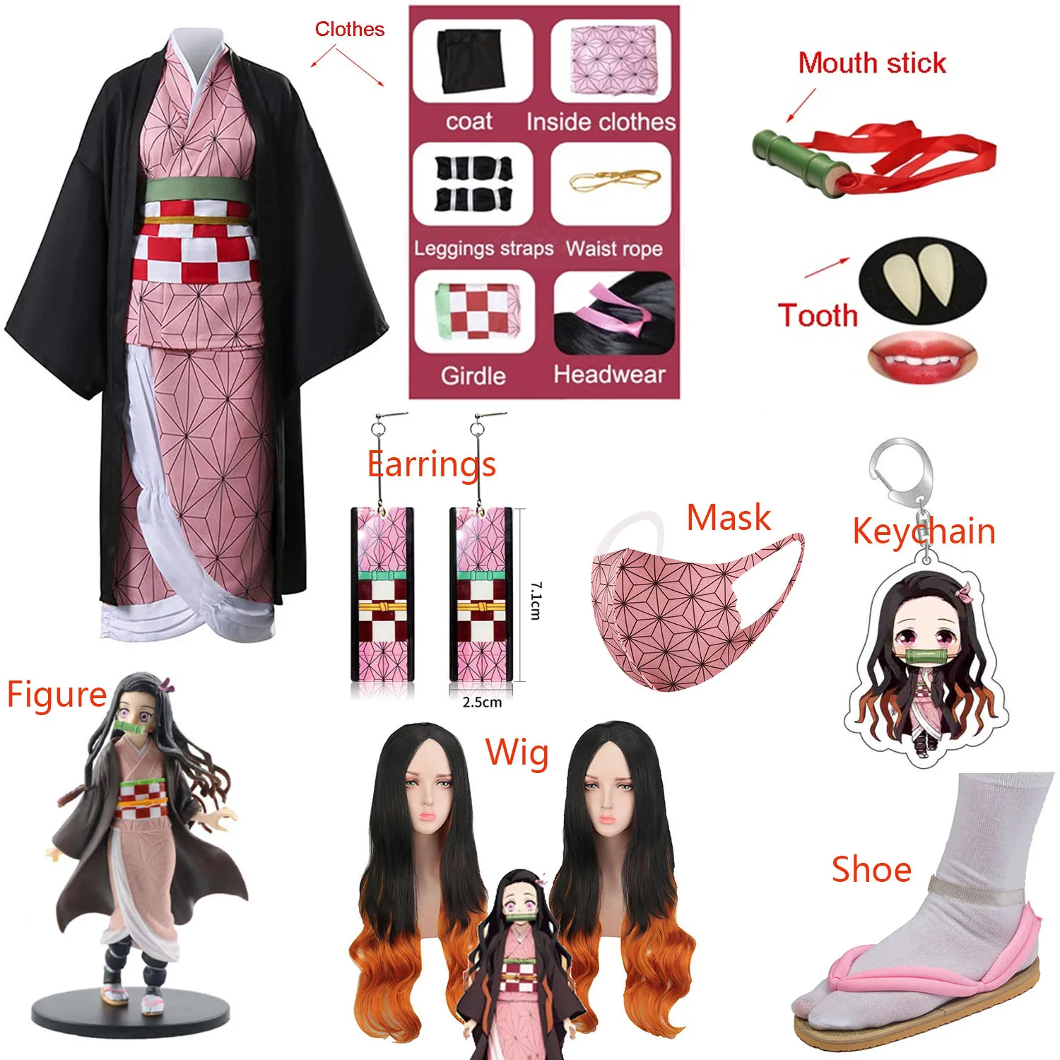 

Anime Demon Slayer Kimetsu no Yaiba Kamado Nezuko Costume Cosplay Earrings Figure Mask Keychain Shoes Wig Tooth Adult Kids Women