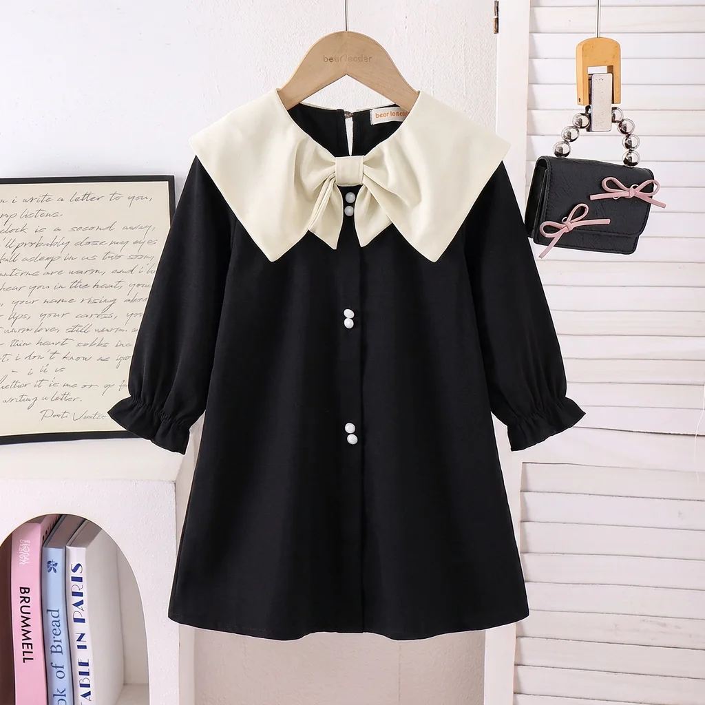 Autumn Black Small Fragrant Style Big Bow Collar Long Sleeved Casual Dress for Girls Aged 3-7 Korean Version