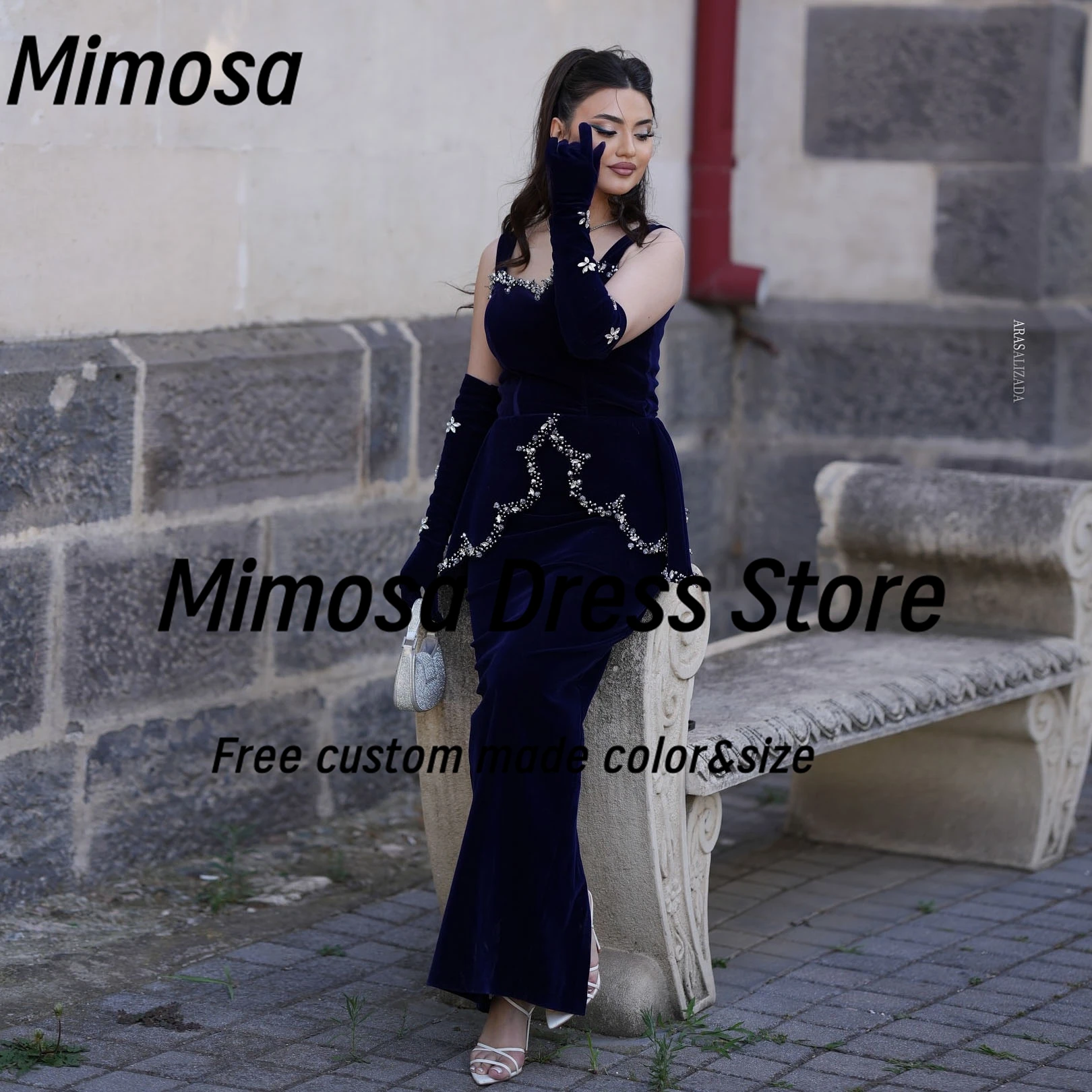 ชุดราตรีสายเดี่ยวทรงมิโมซ่า ประดับลูกปัด พร้อมผ้าคลุมไหล่แบบเปปลัม ชุดราตรีซิปหลังผ่าข้าง สำหรับงานเลี้ยงตอนเย็น สามารถสั่งตัดได้