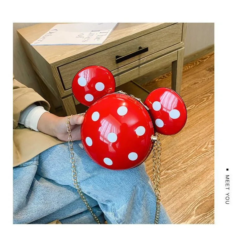 Disney Mickey Mouse Cartoon Doll Shape Polka Dot Print PU Zipper Small Round Bag Children’s Fashion Princess Style Crossbody Bag