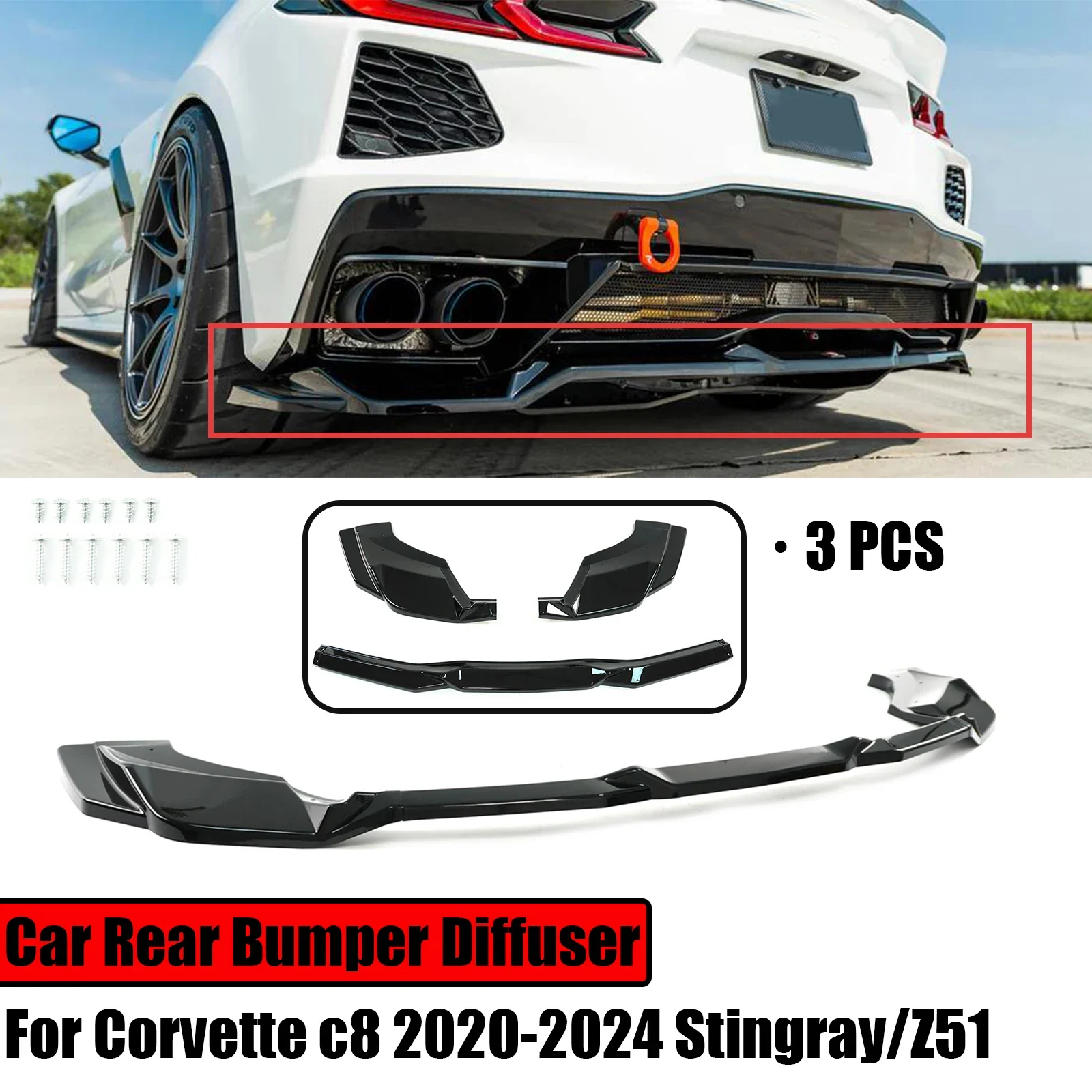 3PCS For Corvette c8 2020-2024 Stingray/Z51 Car Rear Bumper Diffuser Spoiler Splitter Glossy Black Carbon Fiber Style Body Kit