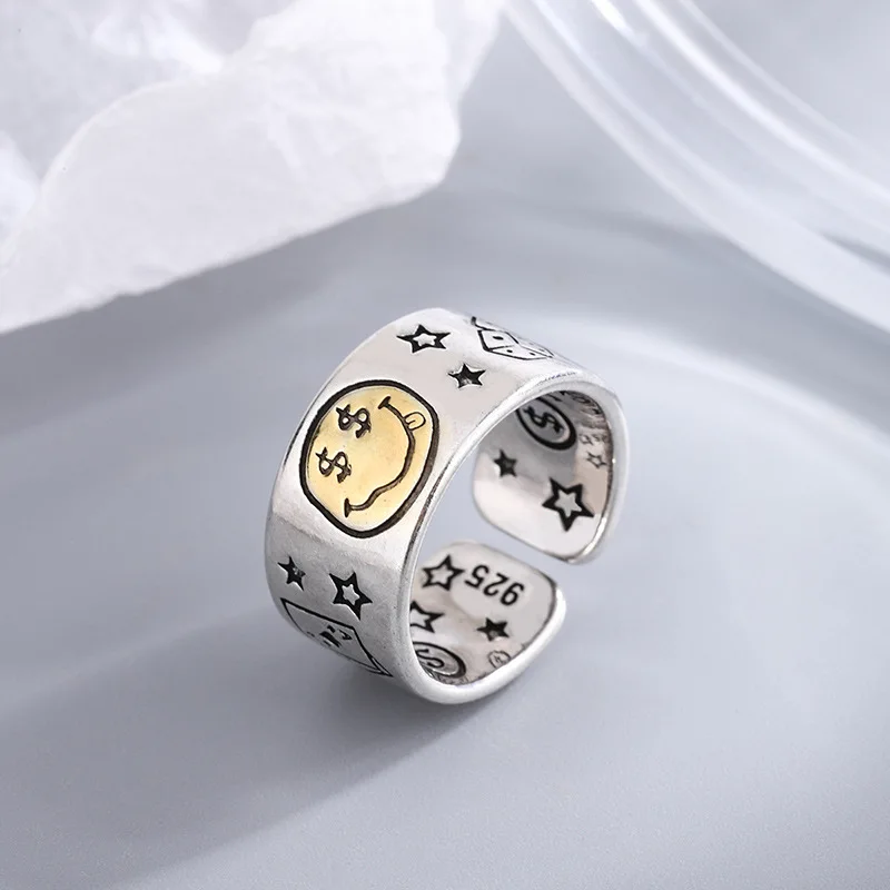 Personality Smile Face Poker Dice Design Vintage 925 Sterling Silver Ladies Finger Ring Jewelry For Women Birthday Gifts No Fade