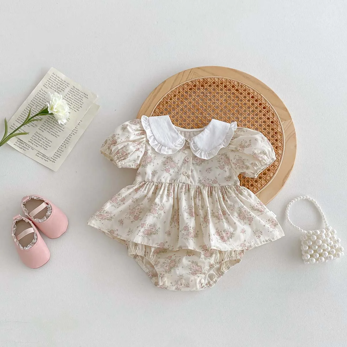 Summer Baby Girl Clothes Newborn Romper Peter Pan Collar Floral Cotton Short Sleeve Baby Bodysuit 0-24 Months