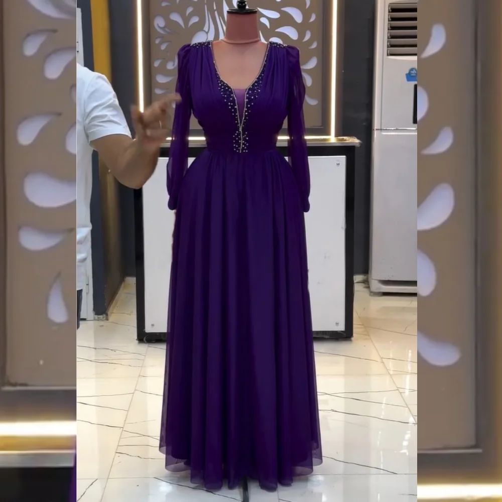 Personalizado de alta qualidade chiffon plissado lantejoulas a linha com decote em v vestidos longos sob medida ocasião festa moda estilo moderno