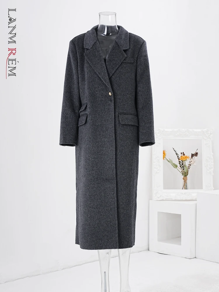 

LANMREM Long Wool Coats Notched Collar Long Sleeves Straight Woolen Overcoats Office Lady Clothing Autumn Winter New CPG1827