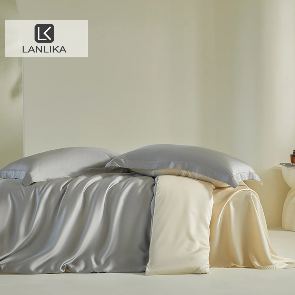 Lanlika Gray Top Grade 100% Silk Bedding Set Double Color Duvet Cover Flat Sheet Queen King Bed Linen Pillowcase For Deep Sleep