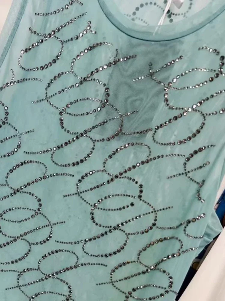 المرأة طبقة مزدوجة شبكة شفافة سترة مثيرة موضة حجر الراين أكمام Y2K شارع العليا يتعرض السرة المرأة تي شيرت