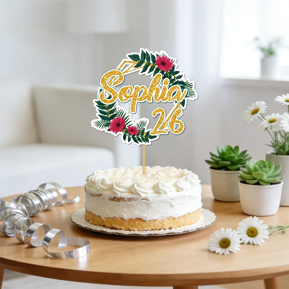 Personalized Floral Birthday Cake topper Custom Flower Pattern with Name and Age Number Cake Decorations Party Cake Decoration