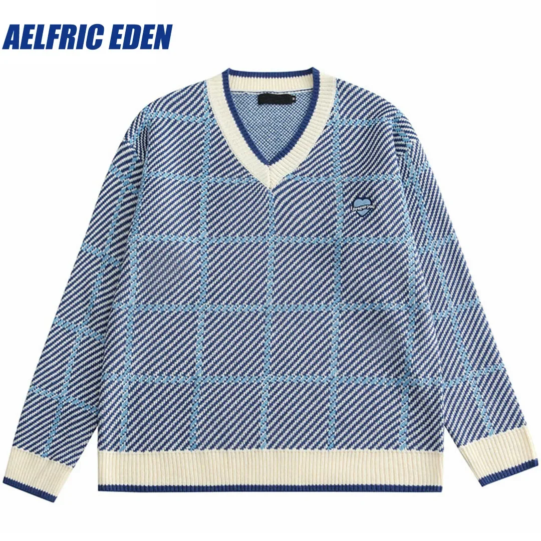 

Aelfric Eden Embroidery Heart Plaid Knitted Sweater 2023 Autumn Men Hip Hop Streetwear Harajuku Cotton Casual Pullover Sweater