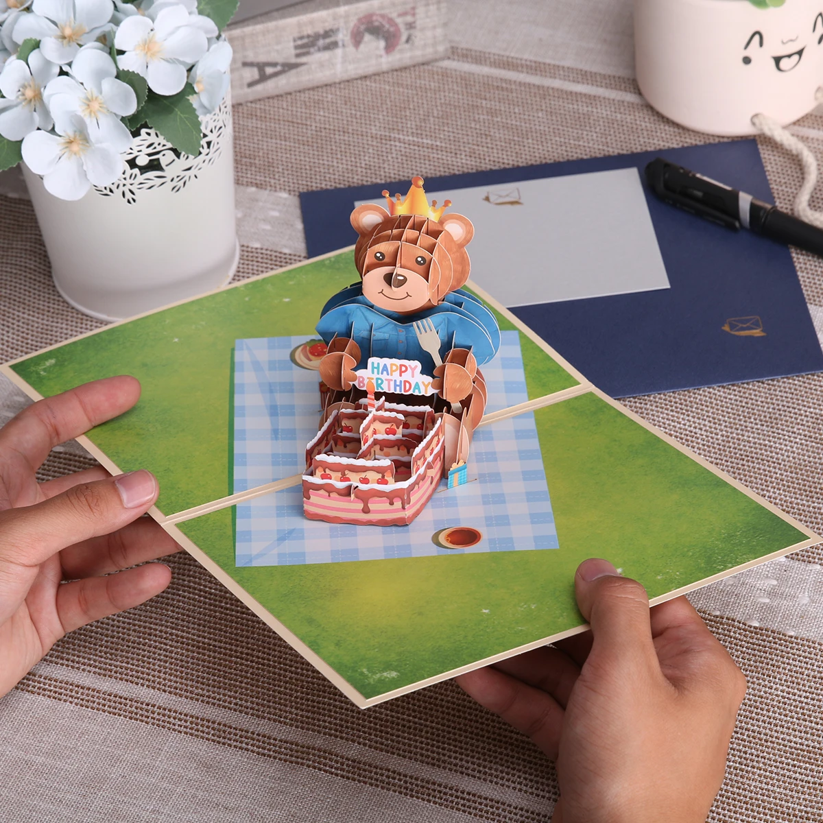 Pop Up Birthday Card 3D Cartoon Cute Bear Picnic Greeting Gift Card for Kids