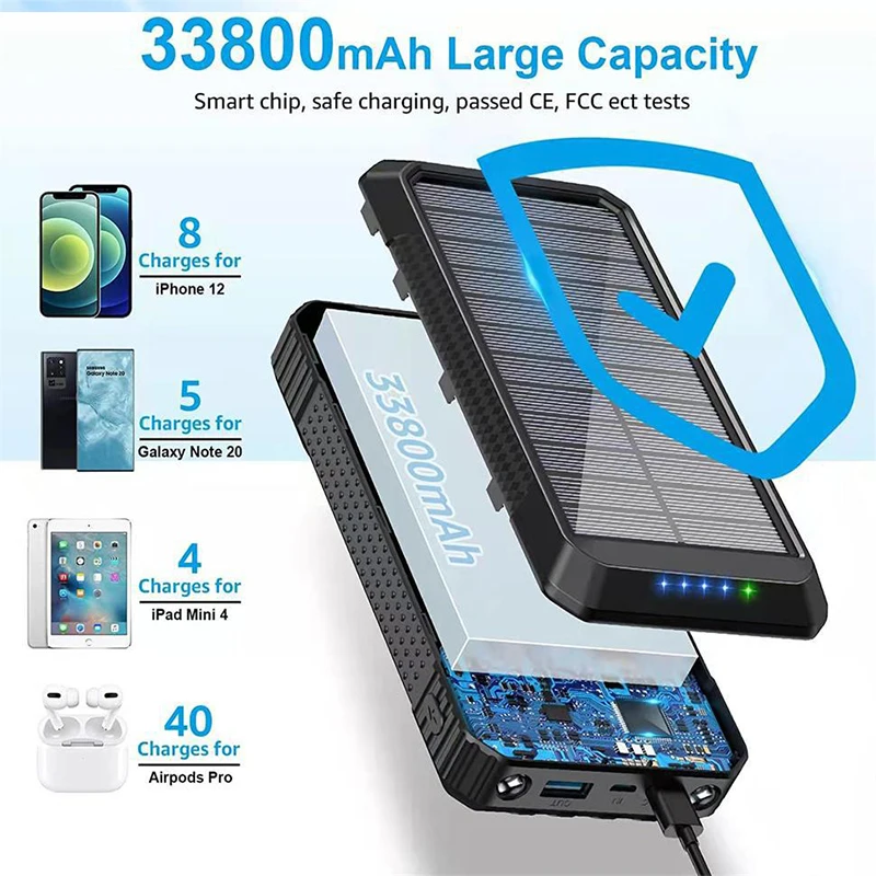 15W Fast Wireless Charger Solar Power Bank 33800mAh 40W Fast Charging Powerbank for iPhone 15 14 Samsung Huawei Xiaomi Poverbank