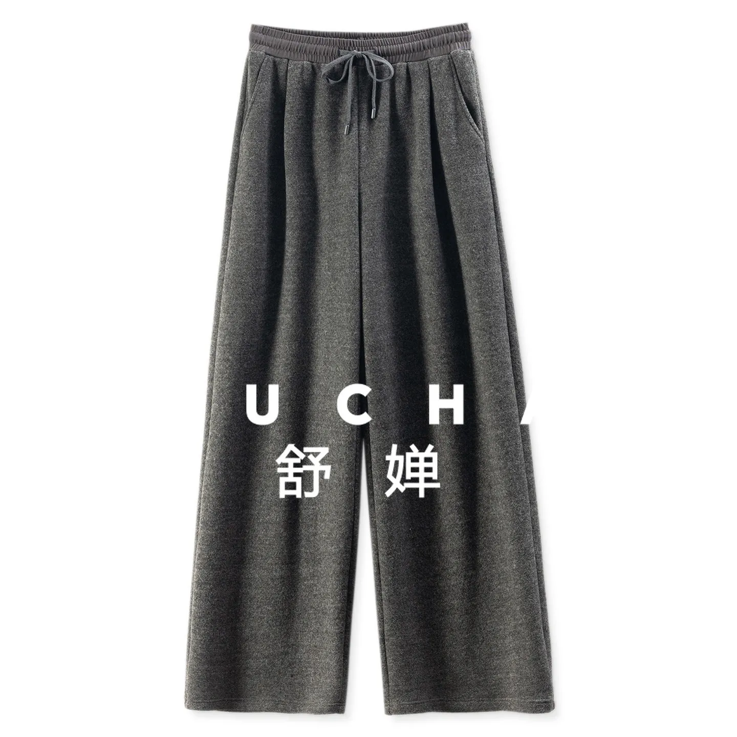 Calças grossas femininas de alta qualidade cintura elástica velo em linha reta calças de lã de perna larga feminina 89e4