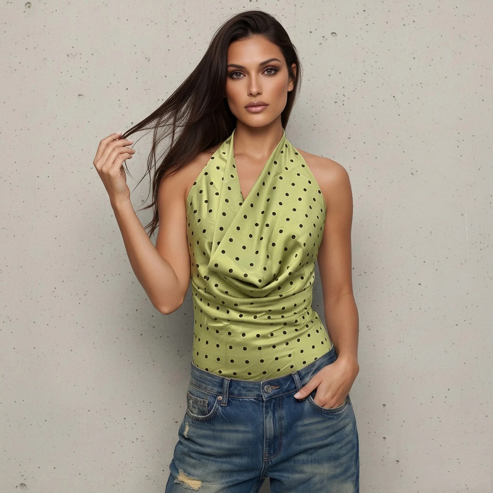Women Summer Satin Tank Tops Halter Neck Sleeveless Open Back Dot Print Vests
