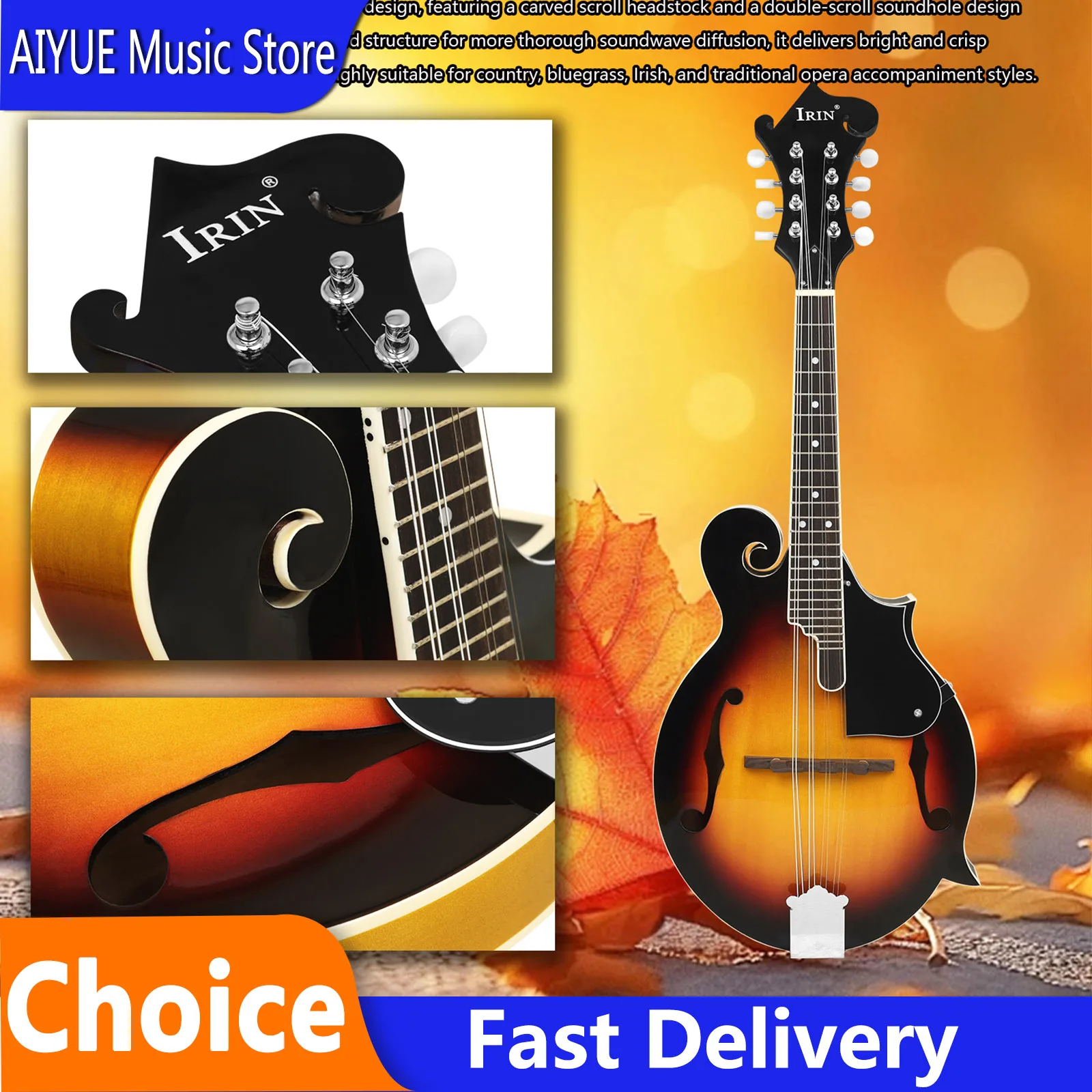 IRIN MD-65 Mandolin Basswood F-Style Acoustic 8 String Guitar Mandolin Plucked String Instrument With Storage Case Parts