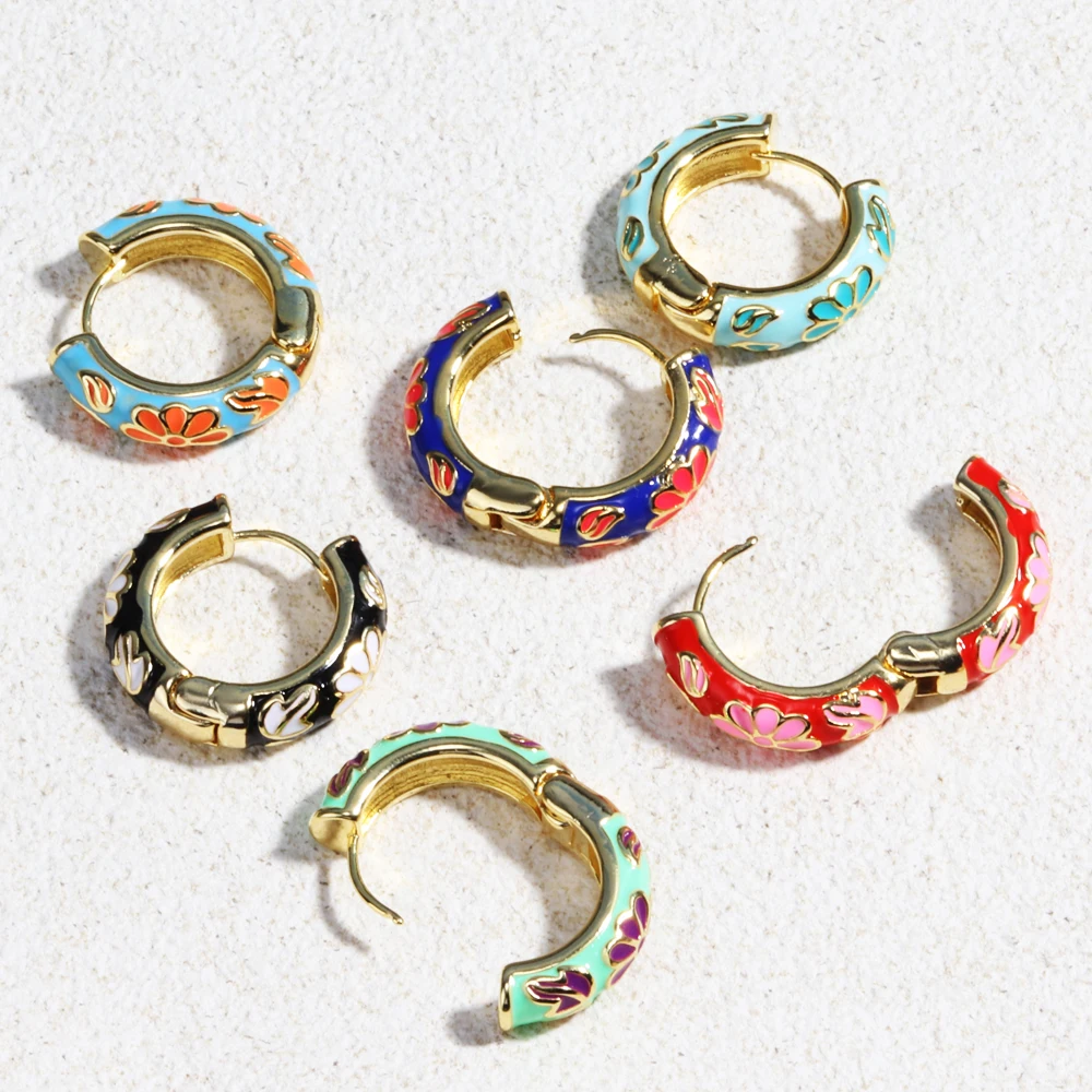 Colorful Enamel Flower Daisy Chunky Round Circle Hoop Earrings Female Gold Color Copper Ear Buckle Huggies Jewelry for Women