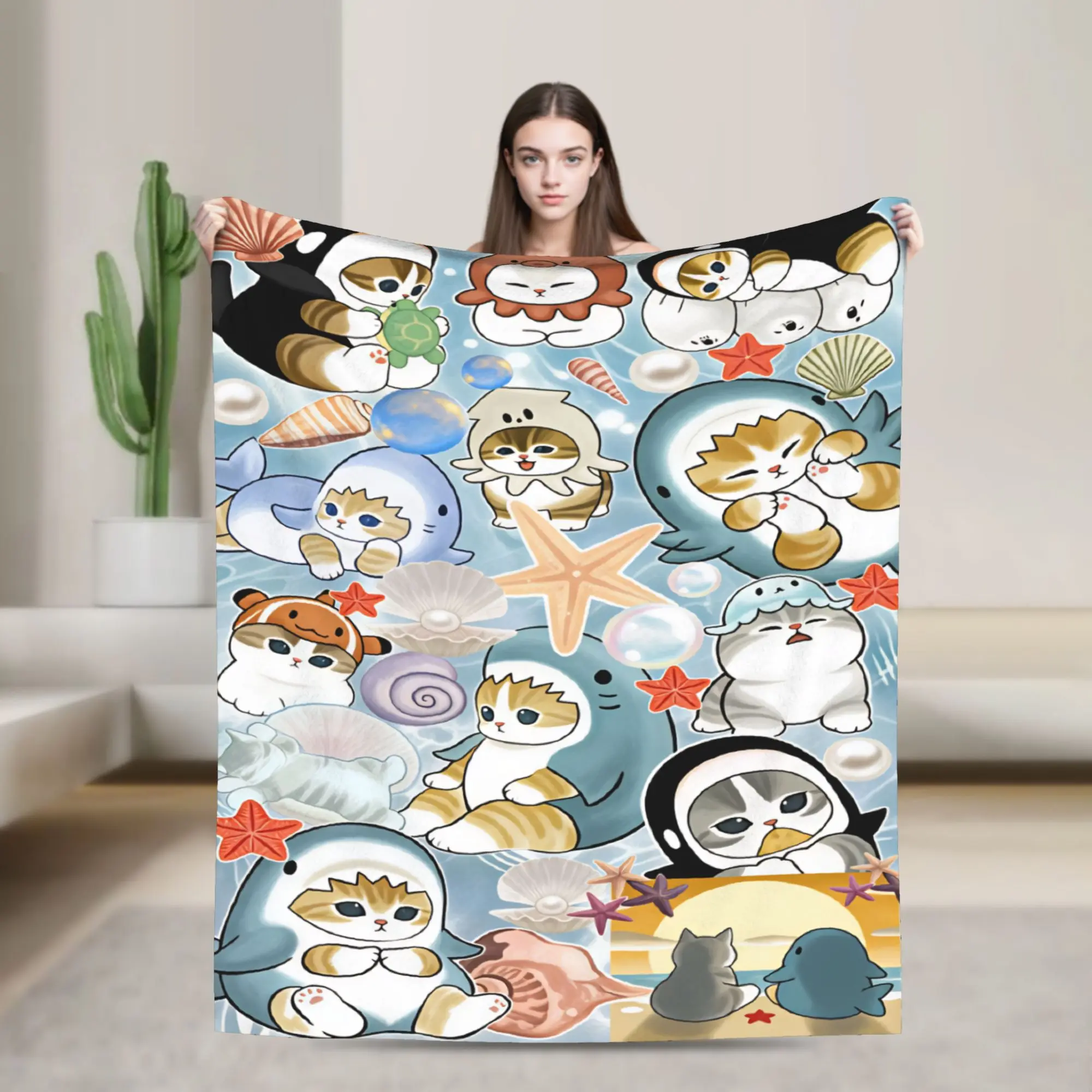 Warm Soft Blanket Travel Mofusand Japanese Shark Cat  Throw Blanket  Flannel Bedspread For Outdoor Novelty Sofa Bed Cover