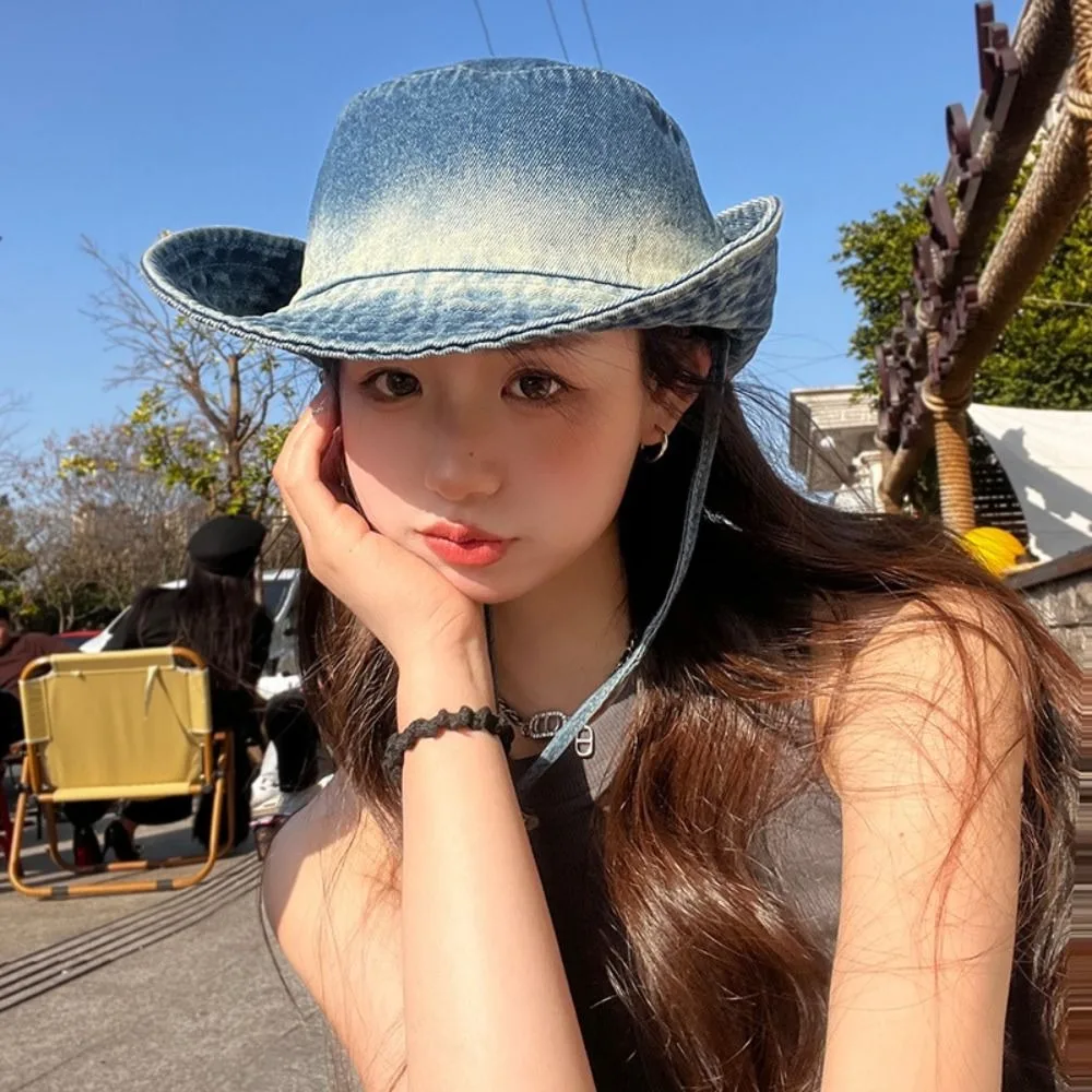 

Water-washed tie-dye Vintage Washed Denim Hat Drawstring Adjustable Windproof Fisherman Hat Sunscreen Wide Brim Sun Hats
