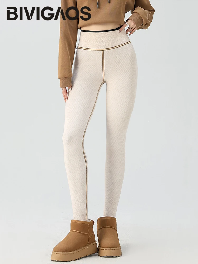 BIVIGAOS 가을 겨울 눈송이 벨벳 따뜻한 샤크스킨 레깅스 여성 두꺼운 타이트 핏 그리드 플리스 슬림 캐주얼 스포츠 레깅스