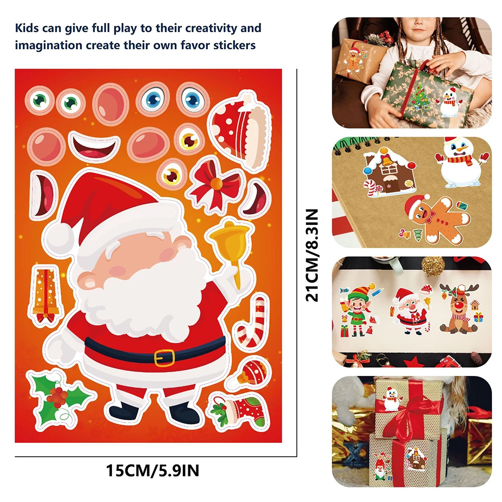 8/16Sheets Cute Christmas Snowman Elk Puzzle Stickers Make a Face Children DIY Toys Assemble Jigsaw Game Party Favor Kids Gifts