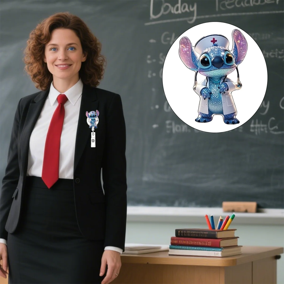 Nuovo design di qualità telescopico per badge da infermiera, simpatico portachiavi con supporto per biglietti da visita per studenti Disney Stitch