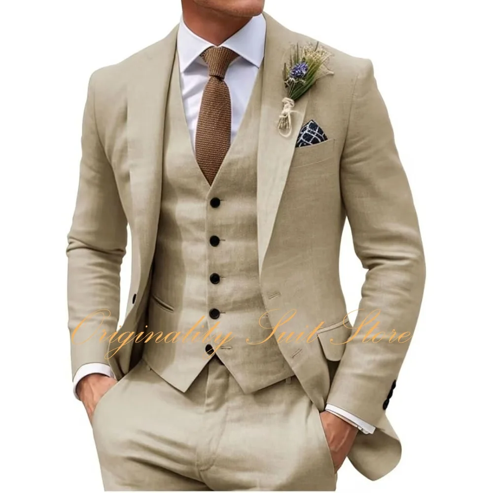 

Mens 3 Piece Linen Slim Fit Suits for Men Casual Men Blazer Pants and Vest Suit Set Beach Wedding Summer Prom Grooms Tuxedo