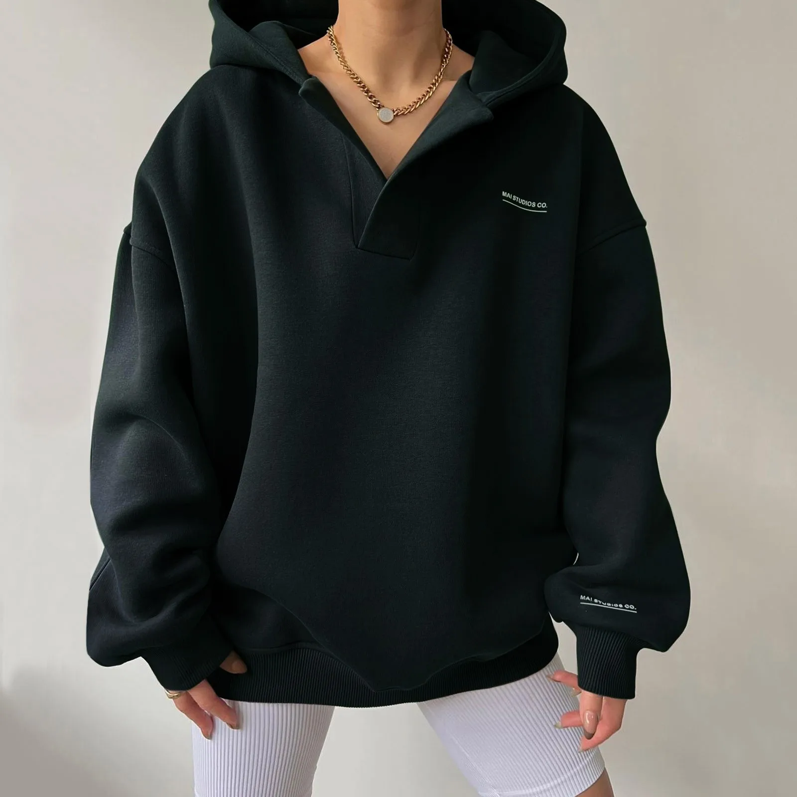 Summer New Trendy Korean Ladies Hoodie Harajuku Slim Long Sleeve Basic Oversized V-neck Fleece Sweatshirt Winter Clothes