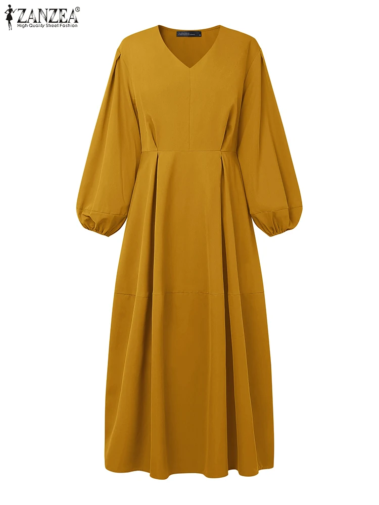 ZANZEA Donne Allentato Maxi Abiti 2025 Autunno Casual Con Scollo A V Lanterna Maniche Elastico A Vita Alta Robes Femme Moda Solido Abiti
