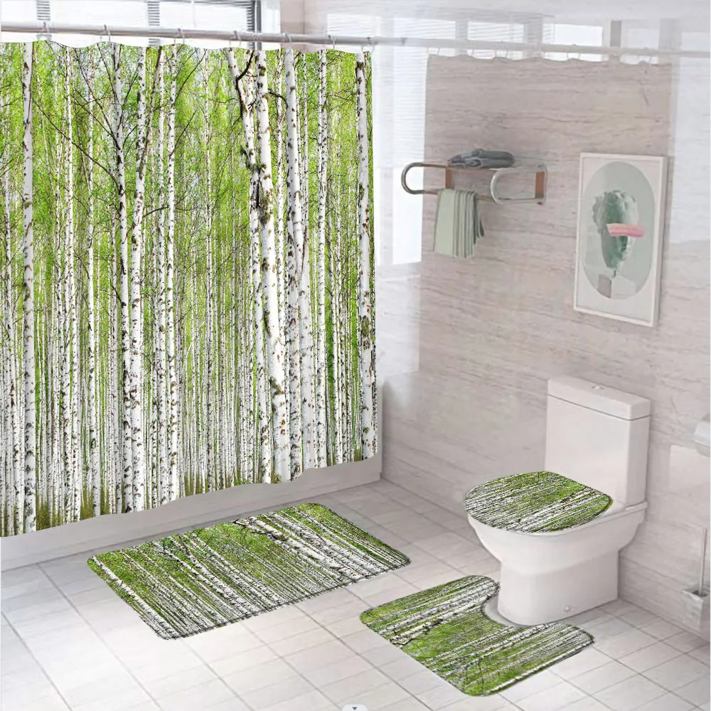 Birch Tree Shower Curtain Set Fresh Green Leaves Summer Forest Rural Landscape Bathroom Decor With Bath Mat Rug Toilet Lid Cover