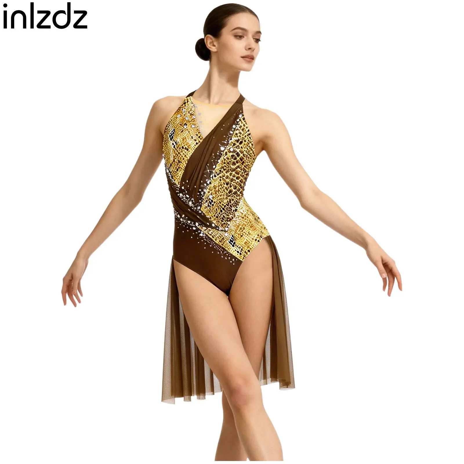 Wild Print Gymnastics Leotard for Women Rhinestone Embellished Sleeveless Backless Ruched Bodysuit Samba Rumba Latin Dancewear
