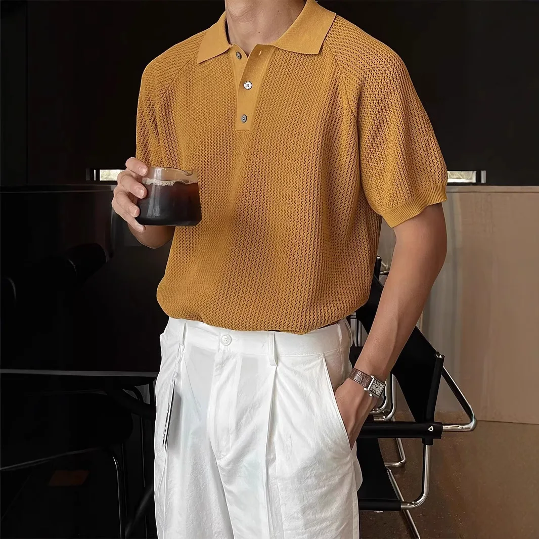 Summer Short Sleeve Knitted Polo Shirt Men Korean Fashion New Design Niche Lapel Loose Cold Honeycomb Simple Men Shirts