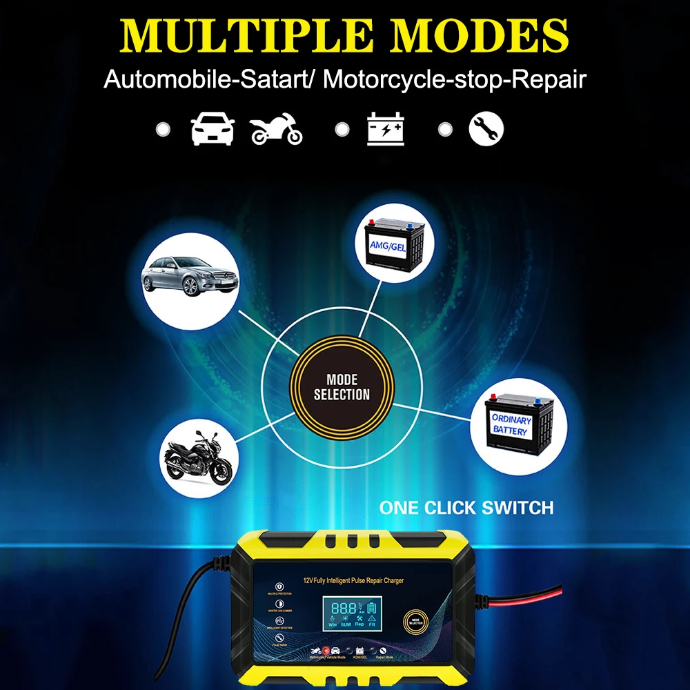 Colorful Digital Display Inteligent Detection 100V/240V Input For Lead Acid Battery Pulse Repair 12V 6A Car Battery Chargers 90W