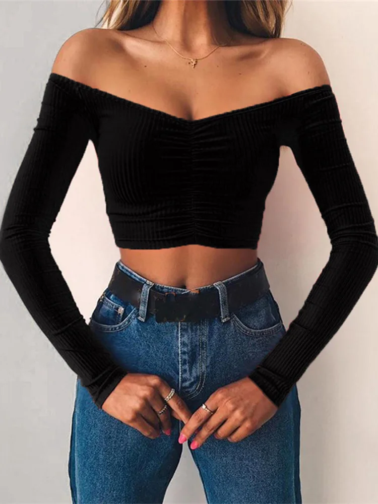 

New Fashion Women Sexy and Club T-shirts Female Long Sleeve Off Shoulder Solid Color T-shirt Lady Autumn Basic Crop Tops