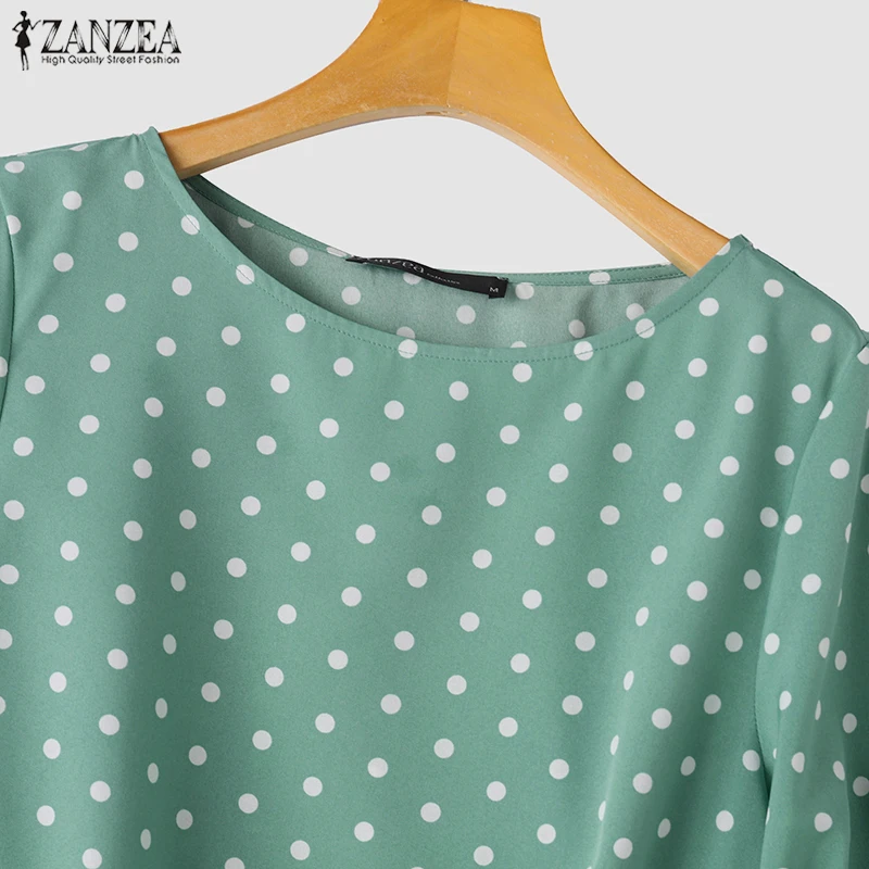 ZANZEA Damenmode Polka Dot Blusen O-Ausschnitt Gebundene Schlitzmanschetten Halbarm Elegante Tops Sommer Casual Alltagskleidung Blusas Mujer – Detail 14