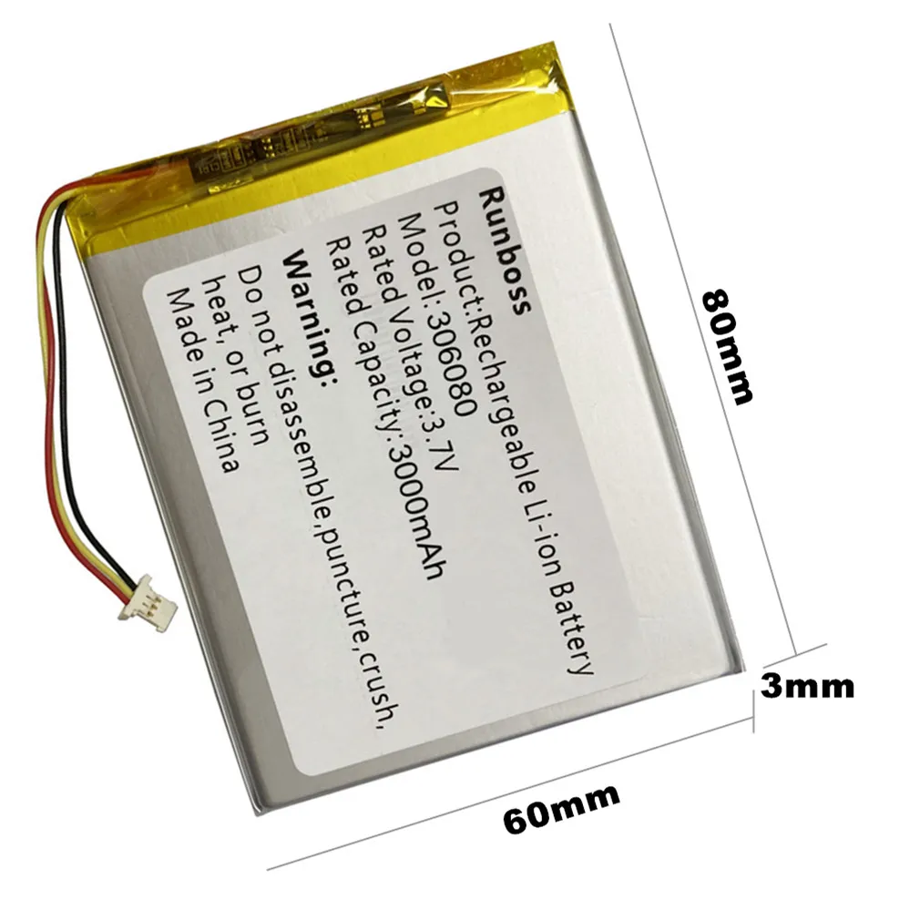 3.7V 3000mAh Li-Polymer Battery MOLEX 51146 306080 For ONYX Buks James Cook 2 BOOX 306480P Cleopatra 3 E-Book Tagus Gaia Eco
