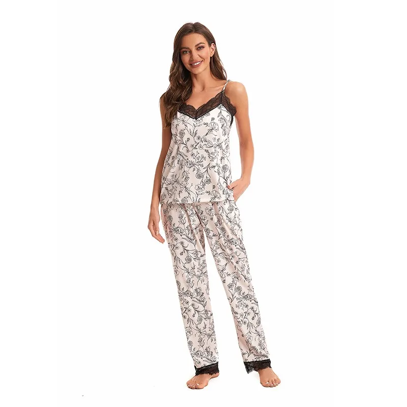 Ensemble de pyjama pour femmes 3 pièces Ensemble de camisole Robe Pantalon Imprimé floral Bordure en dentelle Ensemble de vêtements de nuit Ensemble de vêtements de détente doux