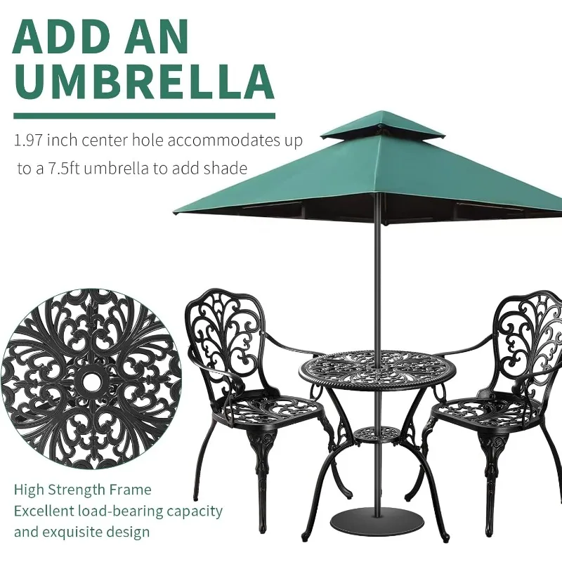 3 Piece Patio Bistro Set Cast Aluminum Bistro Table and Chairs Set of 2 with Umbrella Hole,All Weather Metal Bistro Table Set