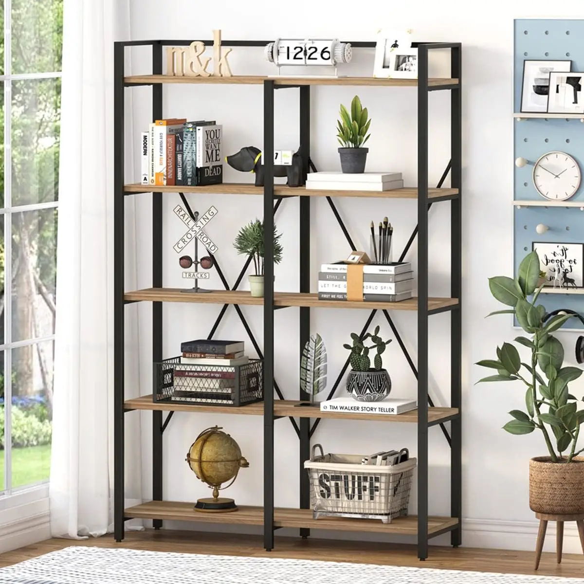

5-уровневые сверхмощные стеллажи Etagere, деревенские деревянные металлические книжные полки в деревенском доме для офиса, гостиной, спальни (винтаж)
