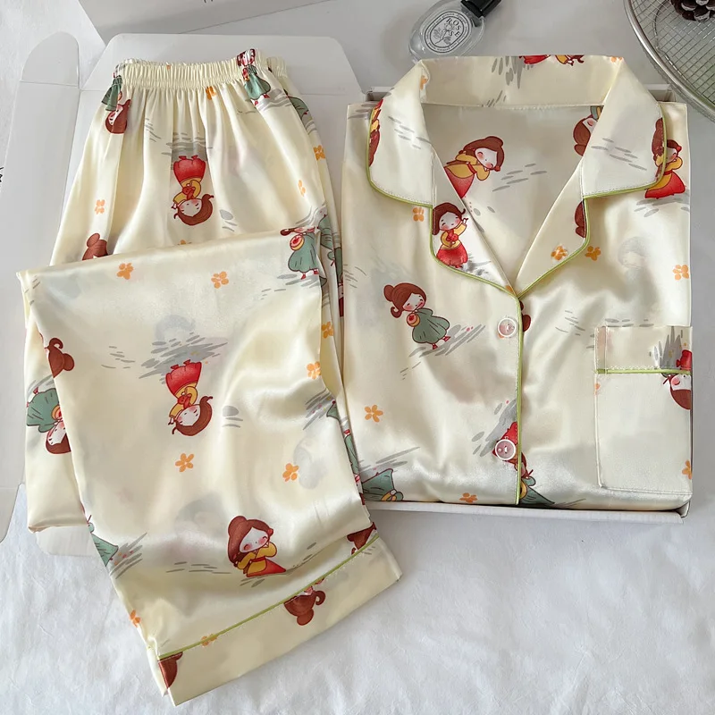 

New Summer Ice Silk Short-Sleeved Pyjamas Female Retro Girls Short-Sleeved Trousers Senior Sense of Pajamas Homewear Suit