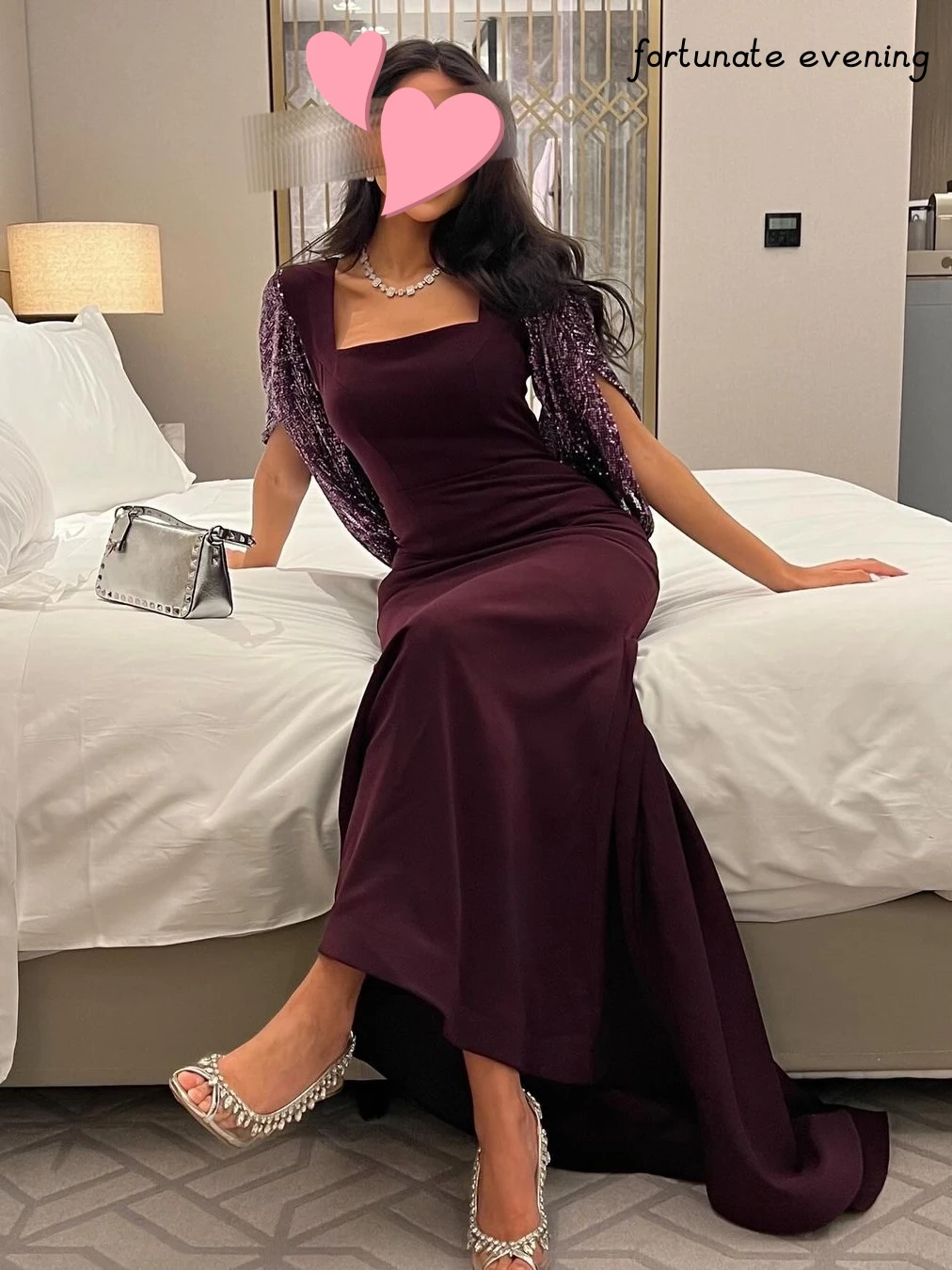 

Fortunate Evening Elegant Vintage Sweet Purple Sequins Mermaid Square Collar Formal Occasion Prom Dress Evening Party Gowns