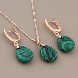 New Natural Stone Vintage Drop Earrings And Pendant For Women 585 Rose Gold Color Ethnic Wedding Fashion Jewelry Set