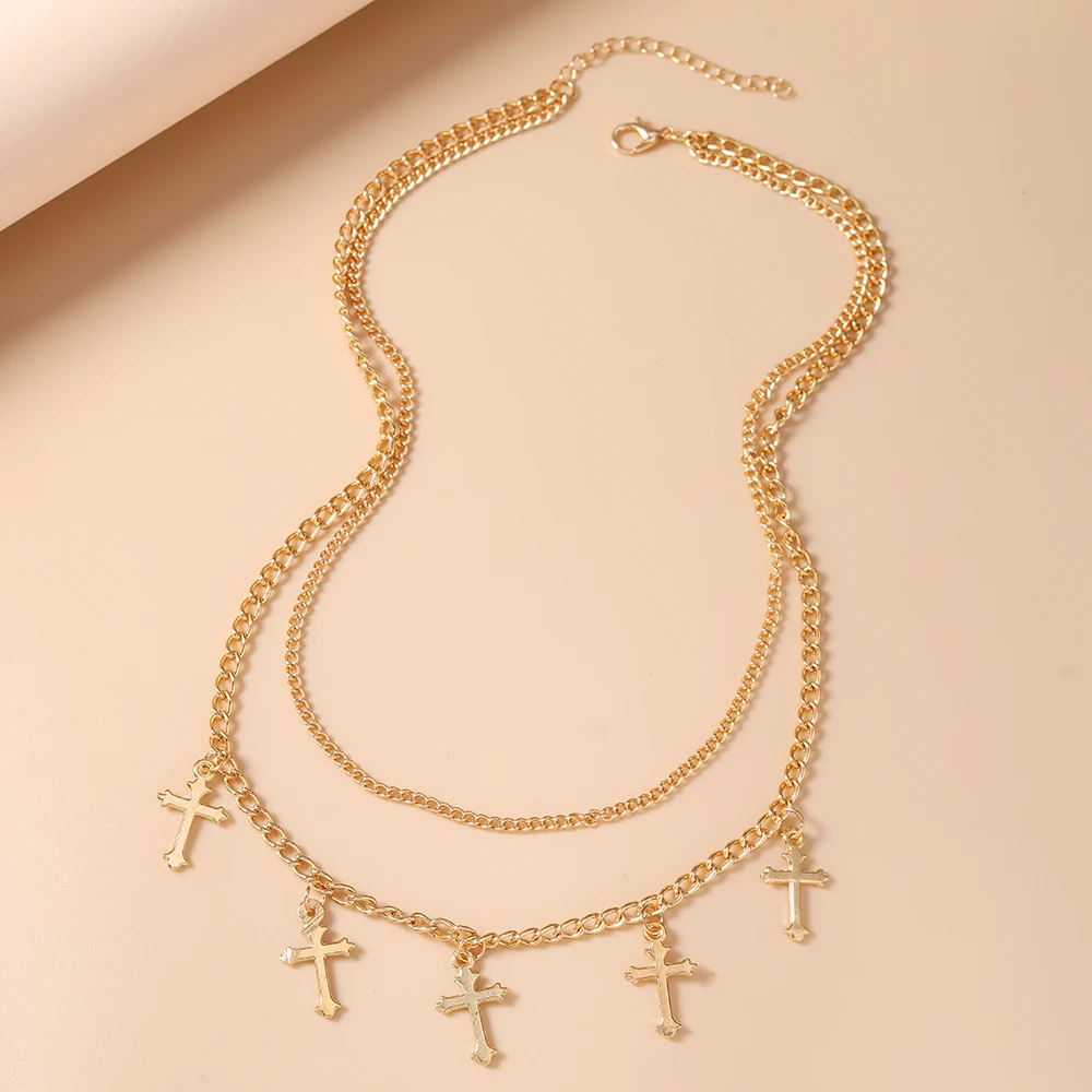 Aihua Gothic Goldfarben Kreuz-Anhänger Halskette für Frauen Choker Punk Metall Kurze Schlüsselbeinkette Schmuck Y2K Accessoires – Detail 4