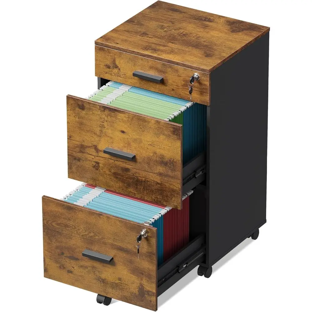 

3 Der Rolling ile Cabinet with Lock, Wood iling Cabinet its Letter / A4 Size or Home Oice, Rustic Brown