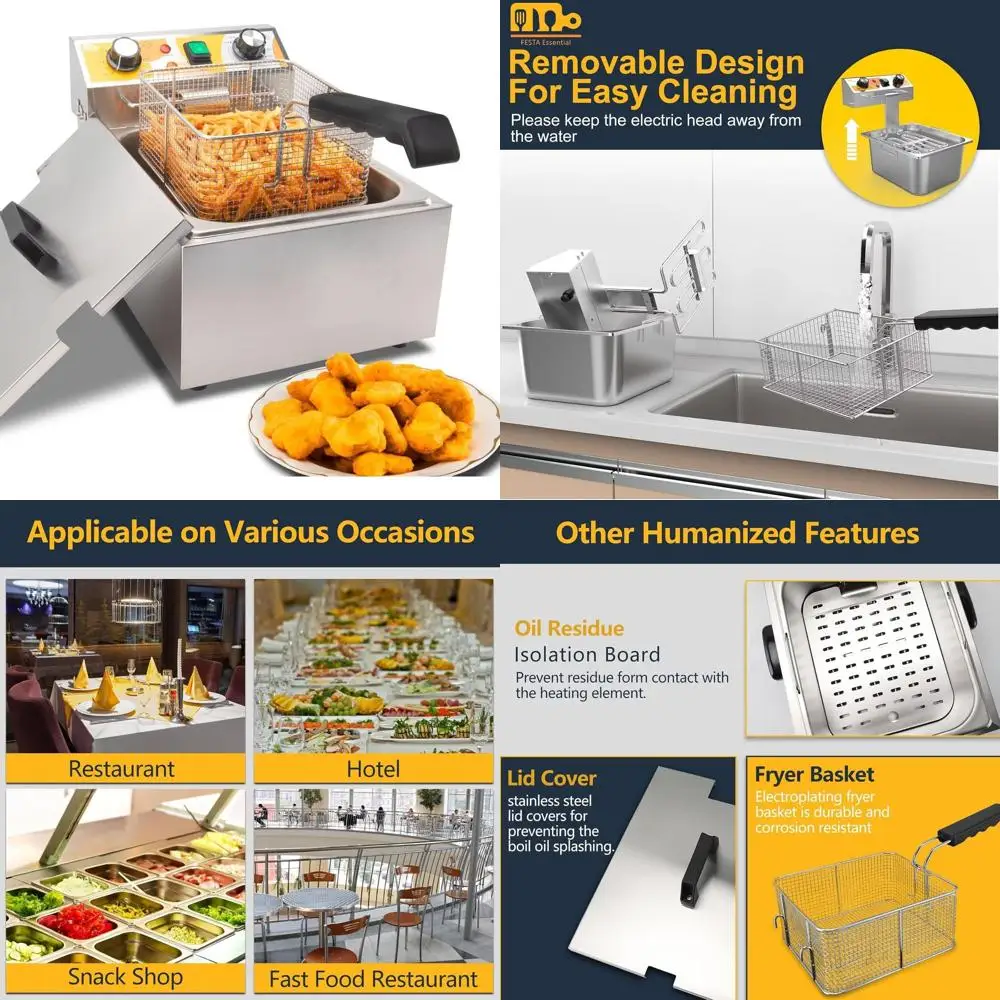 

6.5QT Stainless Steel Electric Deep Fryer, 1750W with Temperature Control and Timer, 6L Basket for Home & Restaurant Use