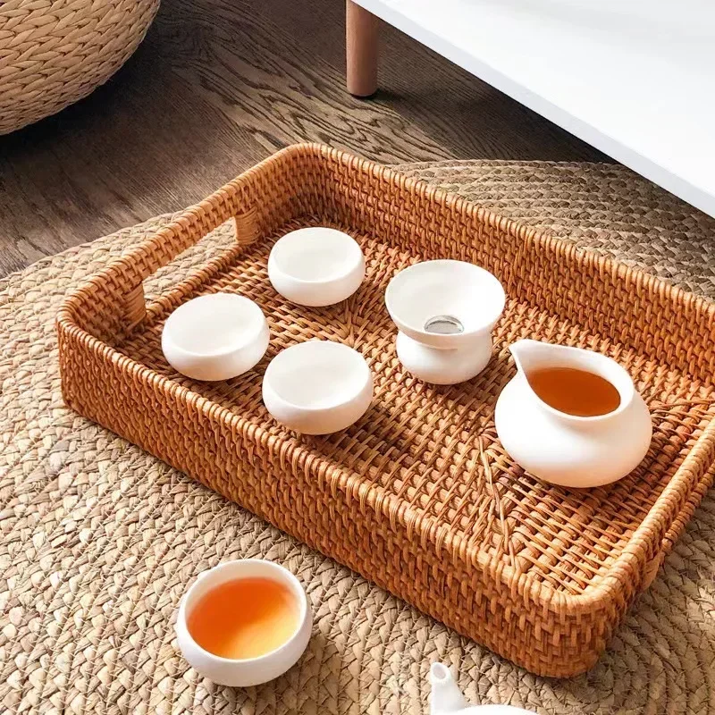 

Hand-Woven Rattan Storage Basket TrayTea Fruit Round Case with Handle Afternoon Tea Fruit Tray Storage Basket Food Display Tray